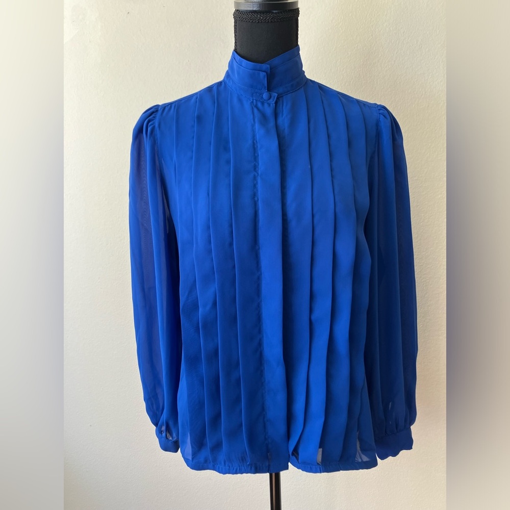 Vintage 1980s Kat Royal Blue Secretary Blouse with Front Pleats Sheer Large